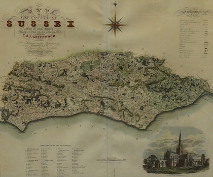 Greenwood and Co, coloured engraved map of The County Sussex, engraved by H. Frost, publ. 4th July 1829, 59 x 70cm. Condition - fair